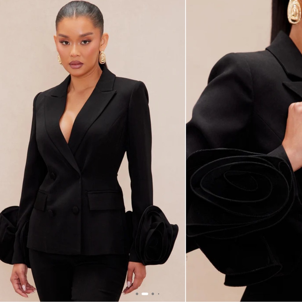 Fashion Nova Black Double-Breasted Blazer with Floral Sleeve Details